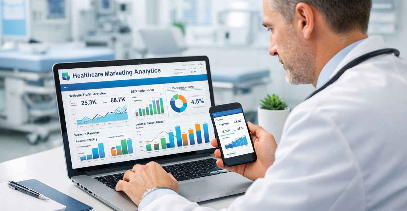 Digital marketing analytics for doctors showing healthcare SEO growth and online patient engagement.